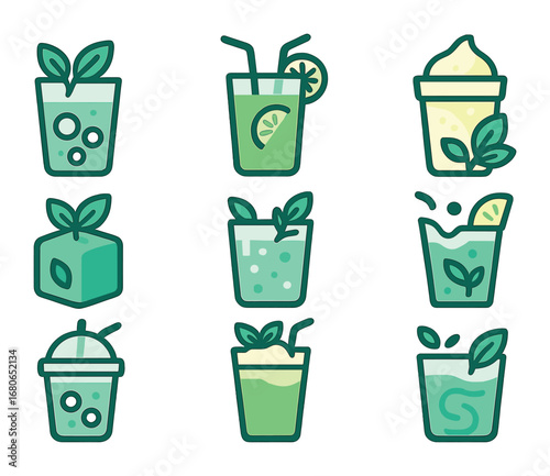 Minty Drink Icons. Flat icon set of minty cool drink items: mint sprig glass, iced lime tea, frozen lemonade,