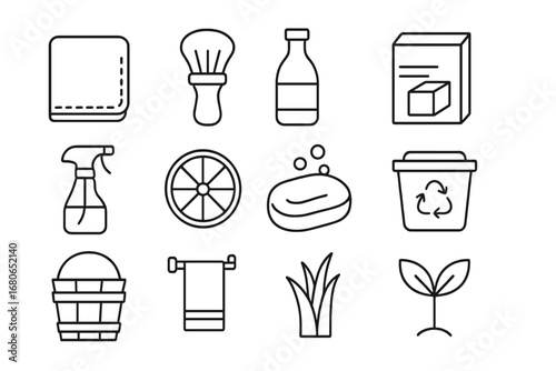 Eco Cleaning Icon Set. Outline icon set of eco-friendly cleaning tips: reusable cloth, bamboo brush, vinegar