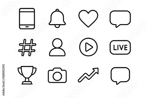 Esports Icons Grid. Outline icon set of esports social media: smartphone, notification bell, heart reaction,