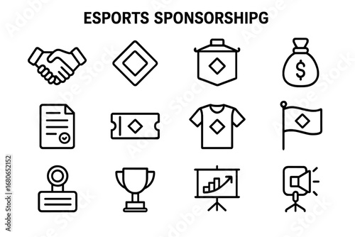 Esports Sponsorship Icons. Outline icon set of esports sponsorship: handshake, brand logo, banner ad, money