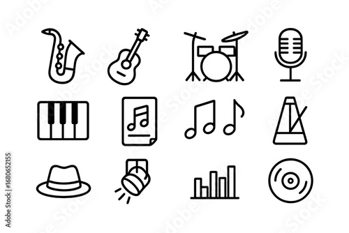 Music Icon Set. Outline icon set of music improvisation: saxophone, guitar, drum kit, microphone, piano, sheet