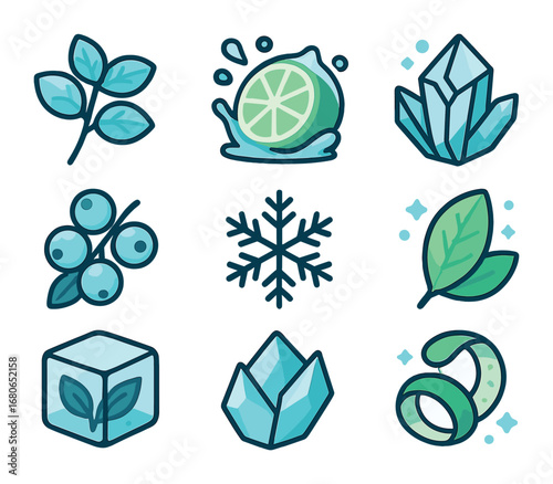 Arctic Ingredient Icons. Flat icon set of arctic-inspired ingredients: icy mint stem, frozen lime splash,