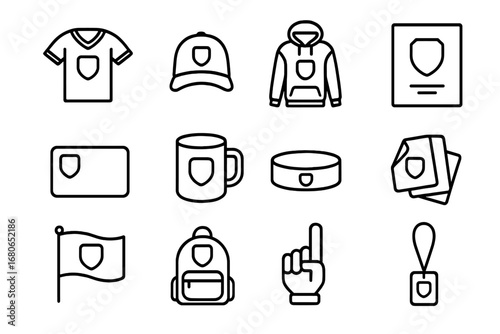 Fan Merchandise Icons. Outline icon set of fan merchandise: jersey, cap, hoodie, poster, mouse pad, mug,