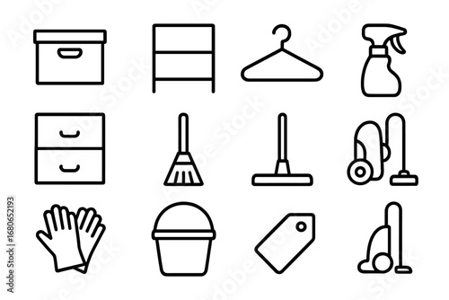 Cleaning Icons Grid. Outline icon set of organizing for easy cleaning: storage box, shelf, hanger, laundry