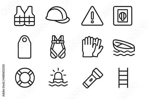 Hydropower Safety Icons. Outline icon set of hydropower safety equipment: life jacket, safety helmet, warning
