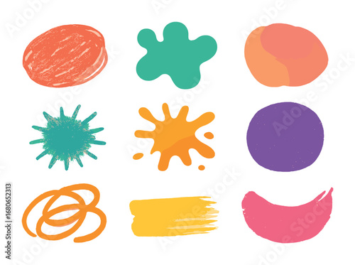 Playful Kids' Texture Icons. Flat icon set of playful kids' textures: crayon scribble, finger paint blob,