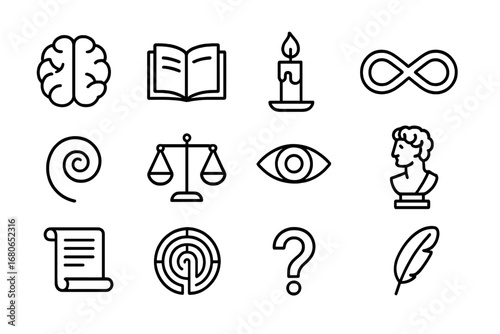 Philosophy Mind Icon Set. Outline icon set of philosophy of mind: brain, book, candle, infinity symbol, spiral