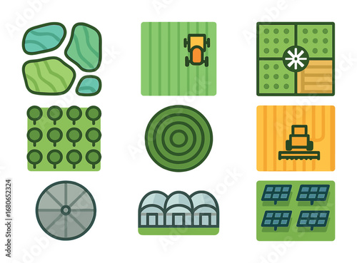 Agricultural Aerial Icons. Flat icon set of agricultural aerial views: rice paddies, tractor lines, irrigation
