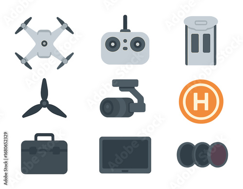 Drone Photography Icons. Flat icon set of drone photography equipment: quadcopter, remote controller, drone