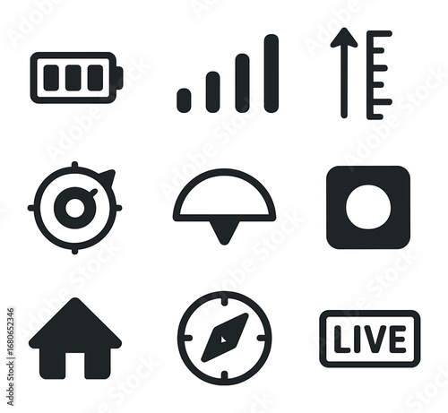 Drone Interface Icons. Flat icon set of drone interface HUD icons: battery level, signal bars, altitude meter,