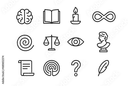 Philosophy Mind Icon Set. Outline icon set of philosophy of mind: brain, book, candle, infinity symbol, spiral