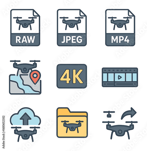 Drone File Icons. Flat icon set of drone photography file types: RAW icon, JPEG icon, MP4 file, GPS data