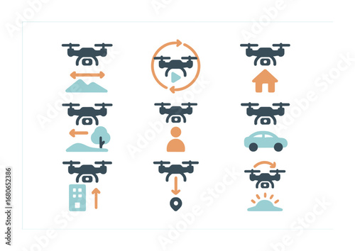 Cinematic Drone Icon Set. Flat icon set of cinematic drone techniques: flyover, orbit, top-down shot, reveal