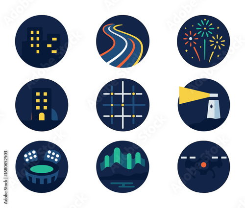 Night Drone Icon Set. Flat icon set of night drone photography: city lights, light trails, fireworks, building