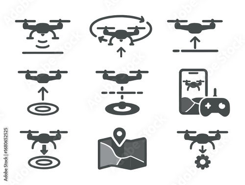 Drone Training Icons. Flat icon set of drone beginner training: hover test, circle flight, gentle takeoff,