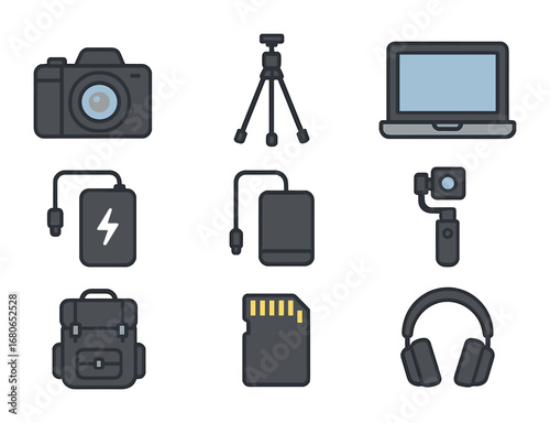 Travel Blogging Essentials. Flat icon set of travel blogging gear: DSLR camera, tripod, laptop, power bank,