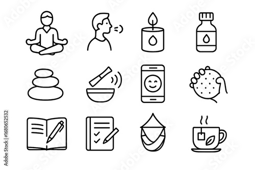 Stress Relief Icons. Outline icon set of stress management at work: meditation pose, breathing exercise,
