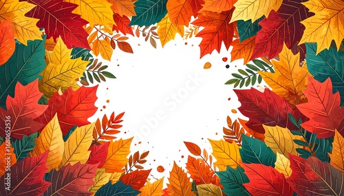 Fototapeta Naklejka Na Ścianę i Meble -  Vibrant autumn leaves frame a blank space with a cheerful autumnal color palette.
