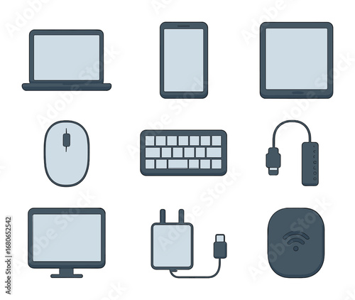 Digital Nomad Essentials. Flat icon set of digital nomad tools: laptop, smartphone, tablet, mouse, wireless