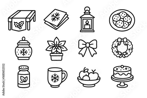 Festive Kitchen Icons. Outline icon set of festive kitchen counter ideas: holiday runner, themed napkins,