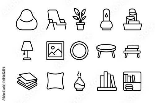 Office Relaxation Icons. Outline icon set of office relaxation zones: bean bag, lounge chair, indoor plant,