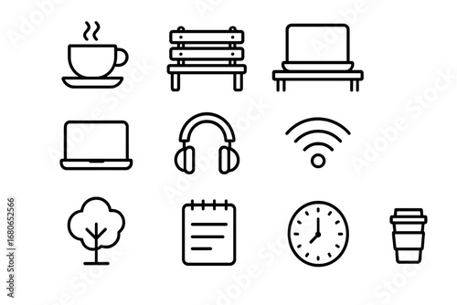 Remote Work Icons. Outline icon set of coworking from anywhere: coffee shop, park bench, desk, laptop,