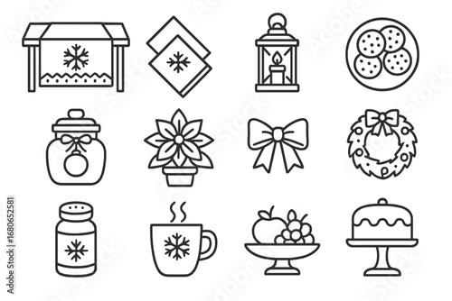 Festive Kitchen Icons. Outline icon set of festive kitchen counter ideas: holiday runner, themed napkins,