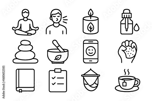 Stress Relief Icons. Outline icon set of stress management at work: meditation pose, breathing exercise,