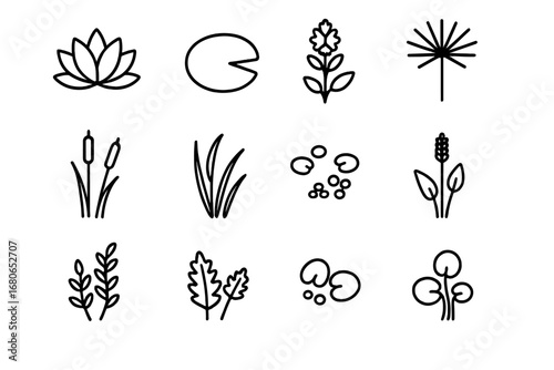 Decorative Water Plant Icons. Outline icon set of decorative water plants: lotus flower, lily pad, water