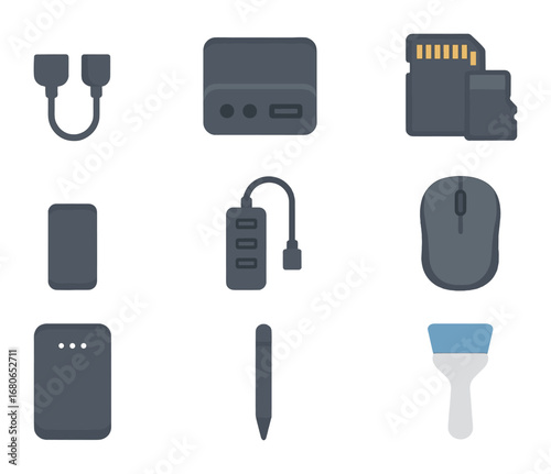Tech Organizer Icons. Flat icon set of tech organizer pouch: cables, adapter box, SD cards, flash drive, USB