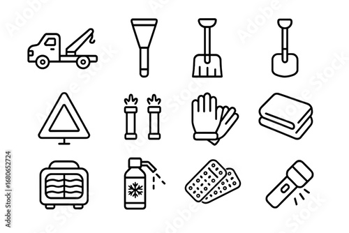 Winter Roadside Essentials. Outline icon set of winter roadside assistance: tow truck, ice scraper, snow brush