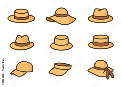 Stylish Straw Hats Grid. Flat icon set of trendy straw hats: wide-brim hat, floppy hat, Panama hat, fedora,