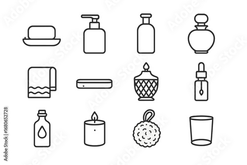 Luxury Bathroom Icon Set. Outline icon set of luxury bathroom items: designer soap, gold dispenser, scented
