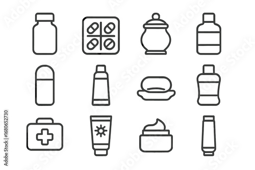 Bathroom Cabinet Icons. Outline icon set of bathroom cabinet storage: medicine bottle, pillbox, cotton jar,