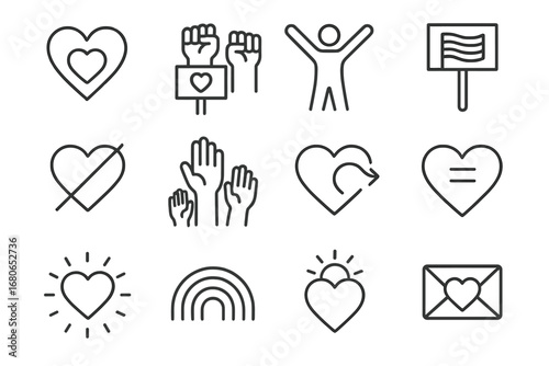 Pride Slogan Icons. Outline icon set of pride parade slogans: love is love, equality for all, be yourself,