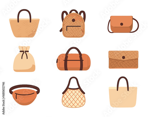 Vacation Bag Icons. Flat icon set of vacation-ready bags: straw tote, rattan backpack, mini crossbody,