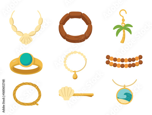 Tropical Jewelry Icons. Flat icon set of tropical jewelry pieces: seashell necklace, wooden bracelet, palm