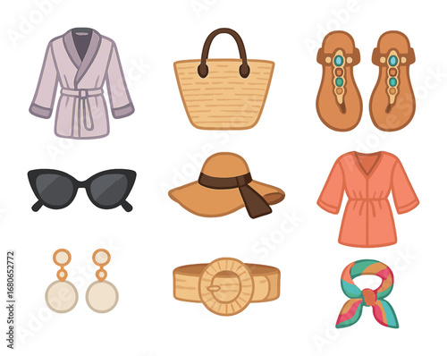 Resort Style Icons. Flat icon set of resort-ready looks: silk robe, straw tote, jeweled sandals, sunglasses,