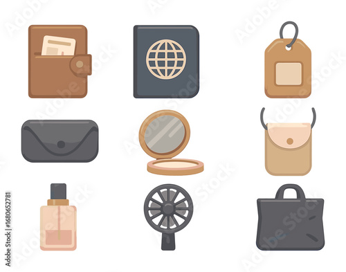 Travel Accessories Icons. Flat icon set of travel accessories: travel wallet, passport cover, luggage tag,