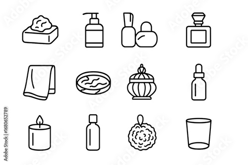 Luxury Bathroom Icon Set. Outline icon set of luxury bathroom items: designer soap, gold dispenser, scented
