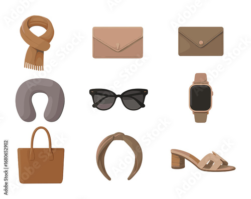 Jetsetter Accessories Icons. Flat icon set of jetsetter accessories: travel scarf, compact clutch, card case,