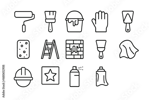Mural Maintenance Icons. Outline icon set of mural maintenance: roller, brush, bucket, gloves, sponge, ladder,