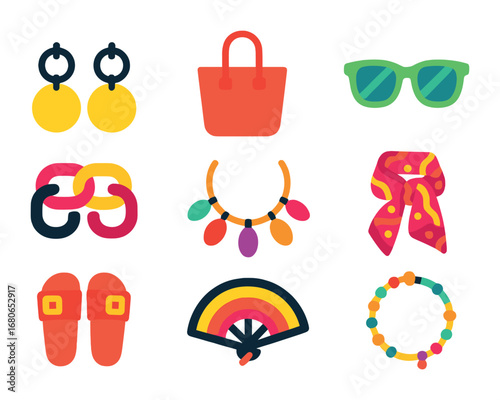 Bold Summer Accessories. Flat icon set of bold summer statements: oversized earrings, bright red tote, neon