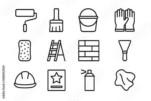 Mural Maintenance Icons. Outline icon set of mural maintenance: roller, brush, bucket, gloves, sponge, ladder,