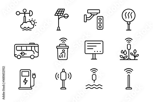 Smart City Icons. Outline icon set of smart city technology for climate: weather sensors, solar streetlights,