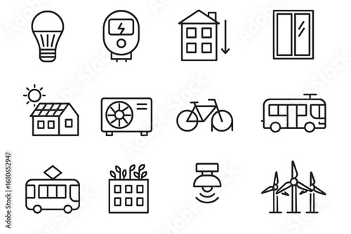 Urban Energy Icons. Outline icon set of energy efficiency in cities: LED bulbs, smart meters, insulated