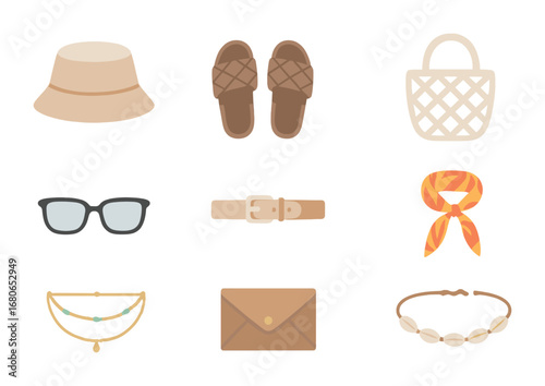 Trendy Vacation Wear Icons. Flat icon set of trendy vacation wear: bucket hat, quilted sandals, crochet bag,