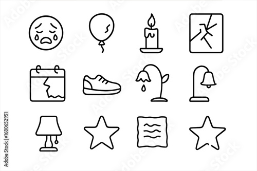 Symbols of Disappointment. Outline icon set of disappointment: crying face, broken balloon, fading candle,