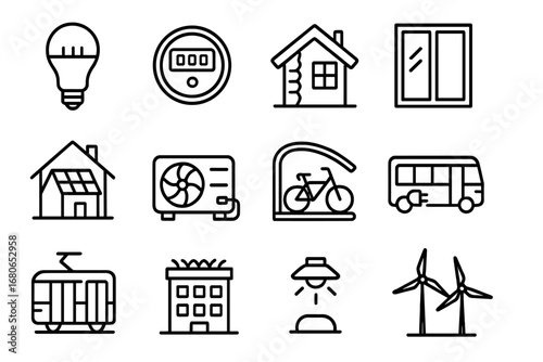 Urban Energy Icons. Outline icon set of energy efficiency in cities: LED bulbs, smart meters, insulated