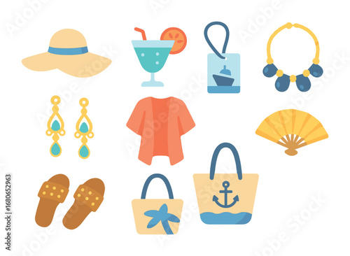 Summer Cruise Essentials. Flat icon set of summer cruise accessories: floppy hat, cocktail clutch, cruise pass